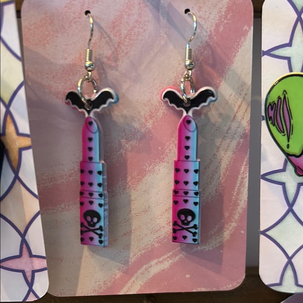 Pink and Blue Lipstick Earrings Halloween